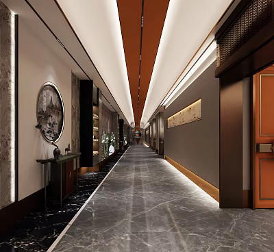 Long Modern Hotel Corridor with Marble Floor Circular Paintings Plants and Warm Lighting 3d model