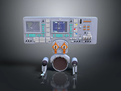 Industrial Control Panel With Digital Screens Colorful Buttons And Mechanical Supports 3d model