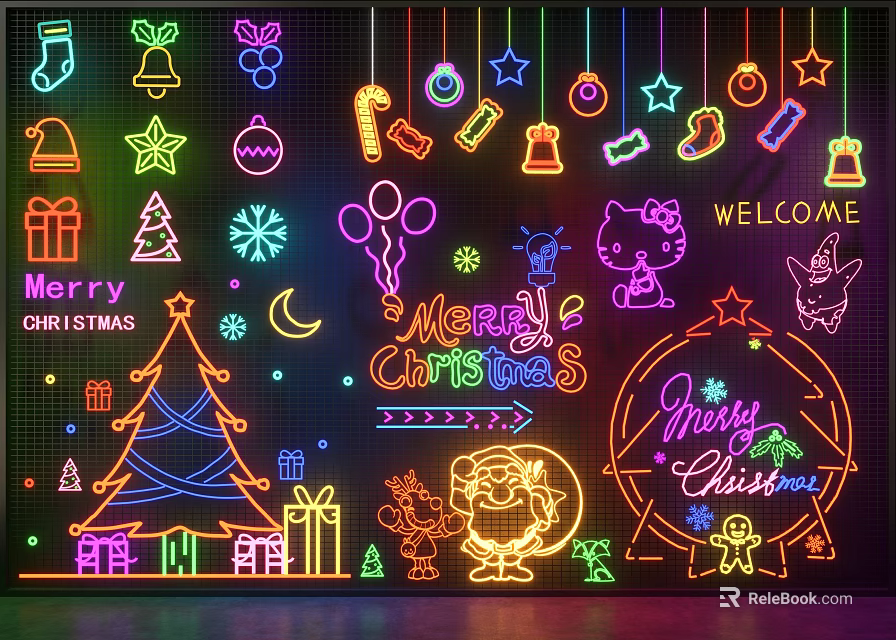 Colorful Christmas Neon Decorative Lights With Tree Bell Star Snowflake And Gift 3d model 
