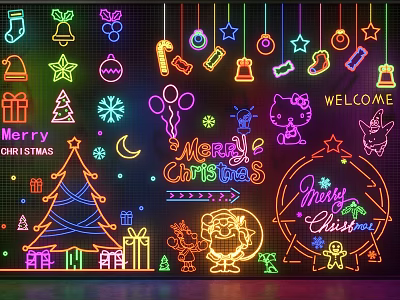 Colorful Christmas Neon Decorative Lights With Tree Bell Star Snowflake And Gift 3d model