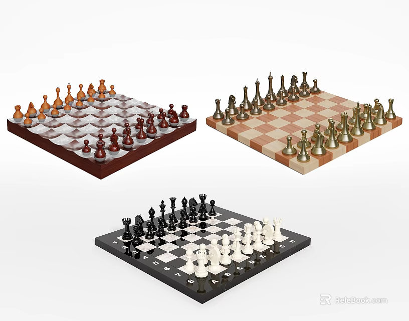 Chess Entertainment Featuring Three Different Chessboards With Various Colored Pieces And Classic Designs 3d model