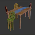 Wooden Dining Table Set With Intricate Carved Chairs And Decorative Tabletop