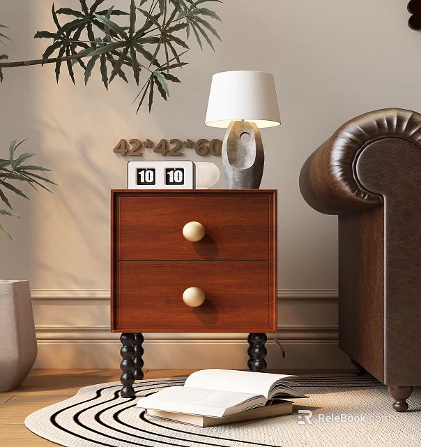 Wooden Chest of Drawers in Cozy Room Corner with Table Lamp Number Decor and Plant 3d model 