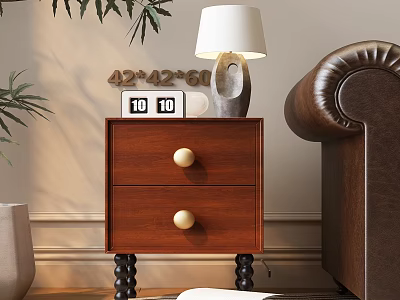 Wooden Chest of Drawers in Cozy Room Corner with Table Lamp Number Decor and Plant 3d model