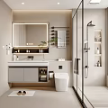 Modern Bathroom Interior With Large Mirror Vanity Toilet Glass Shower And Cabinets