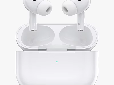 White Wireless Earbuds In Open Charging Case With Green Indicator Light 3d model