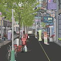 Bustling Shopping Street Featuring Shops Trees And Scooter On City Road