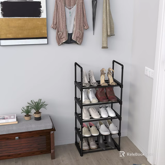 Black Multi Tiered Storage Shelf With Shoes Hanging Clothes And Small Potted Plants 3d model 