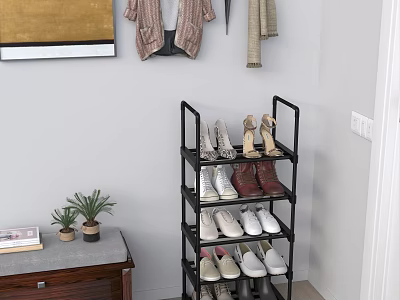Black Multi Tiered Storage Shelf With Shoes Hanging Clothes And Small Potted Plants 3d model