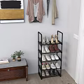Black Multi Tiered Storage Shelf With Shoes Hanging Clothes And Small Potted Plants