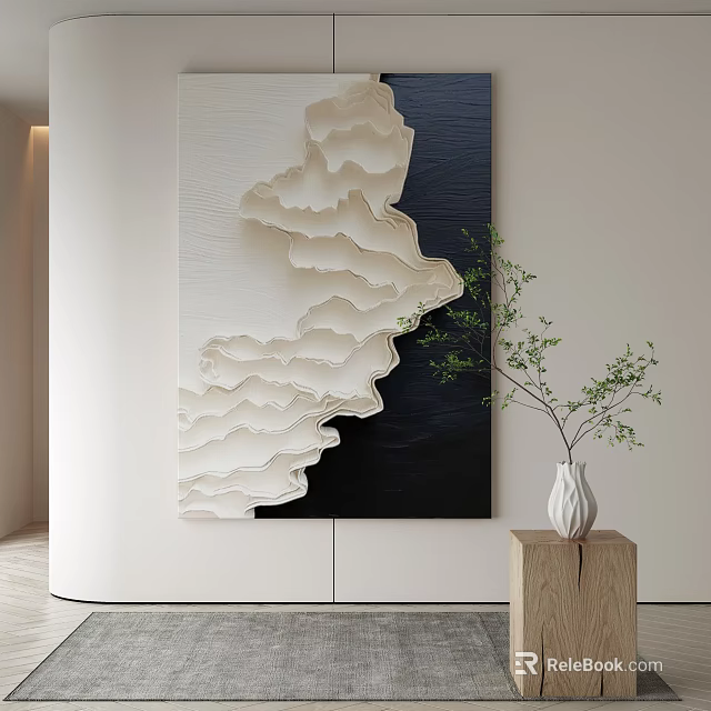 Modern Black And White Wavy Texture Decorative Painting With White Vase On Wooden Table 3d model 