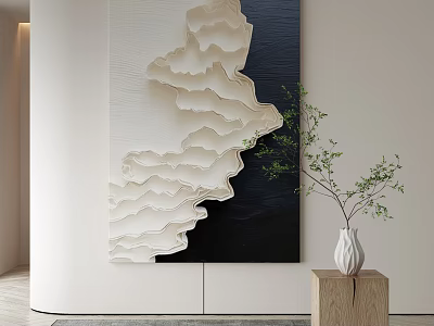 Modern Black And White Wavy Texture Decorative Painting With White Vase On Wooden Table 3d model