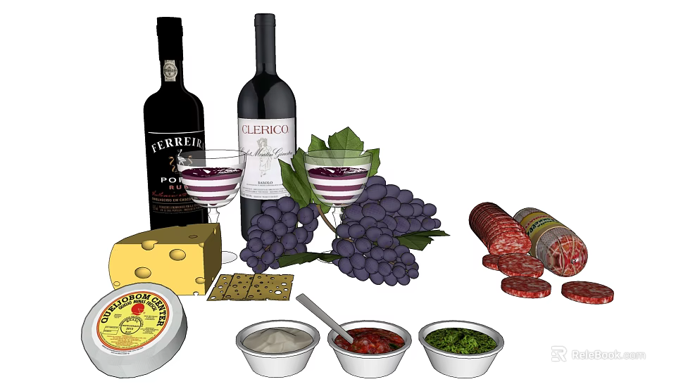 Assorted Food Spread with Red Wine Grapes Cheese Crackers Salami and Dips 3d model