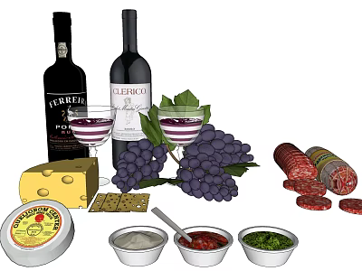 Assorted Food Spread with Red Wine Grapes Cheese Crackers Salami and Dips 3d model