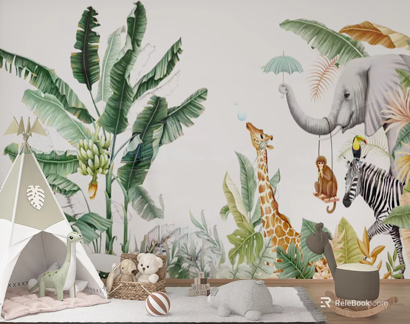 Tropical Animal Wall Mural With Elephant Giraffe Zebra Monkey Banana Leaves For Kids Room Decor 3d model 
