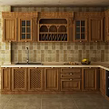 Traditional Wooden Kitchen With Refrigerator Oven Microwave Tiled Walls And Cabinets