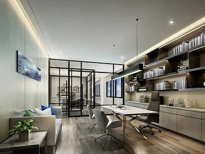 Modern Office Interior With Open Layout Glass Partitions Sofa Area Desk Bookshelves And Plants 3d model