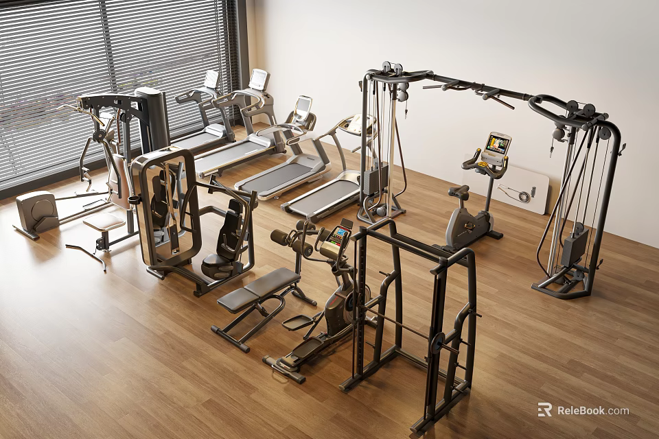 Professional Sports Equipment in Modern Gym with Treadmills Elliptical Machines and Strength Trainers 3d model 