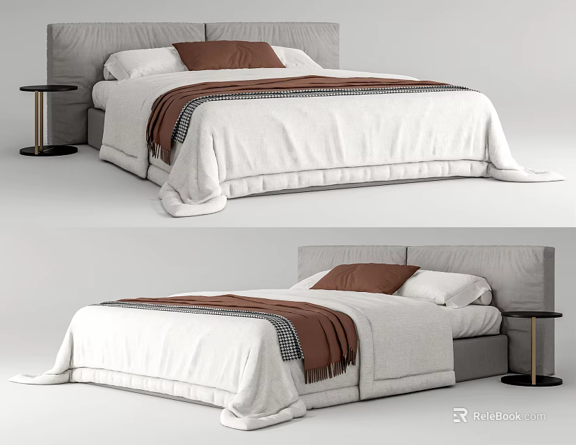 Modern Double Bed With Gray Headboard White Bedspread Brown Pillows And Nightstand 3d model