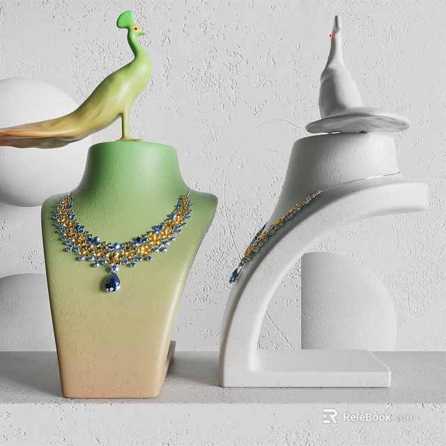 Elegant Gemstone Necklace With Yellow Blue Stones And Pendant On Green White Mannequin 3d model 