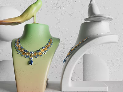 Elegant Gemstone Necklace With Yellow Blue Stones And Pendant On Green White Mannequin 3d model