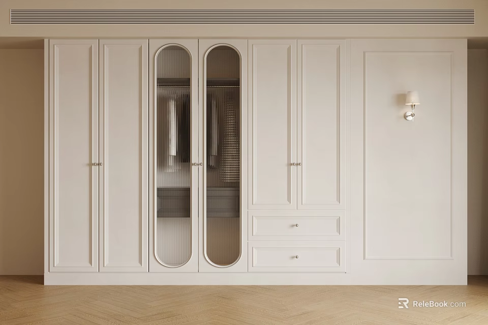 Modern White Wardrobe Interior Design With Glass Doors And Drawers Cabinets 3d model 