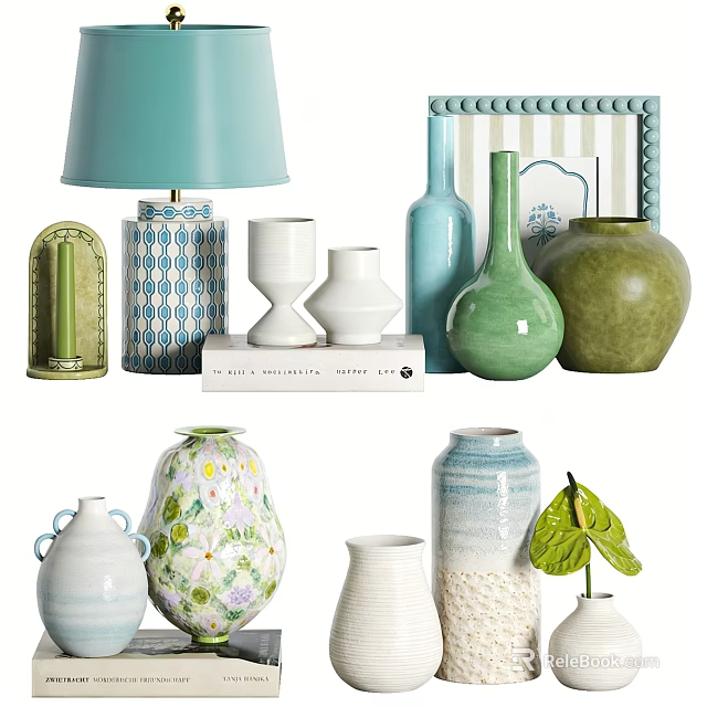 Decorative Ornaments Set with Lamp Picture Frame Vases Blue Green White Geometric Striped Leaf Accent 3d model 