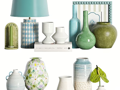 Decorative Ornaments Set with Lamp Picture Frame Vases Blue Green White Geometric Striped Leaf Accent 3d model