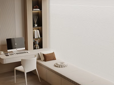 Modern Window Seat Interior With Desk Computer Chair Bookshelf And Decorative Pillows 3d model