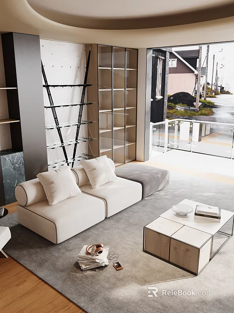 Modern Living Room Interior With Beige Sofa Plush Pillows Wooden Coffee Table And Glass Bookshelf 3d model 