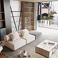 Modern Living Room Interior With Beige Sofa Plush Pillows Wooden Coffee Table And Glass Bookshelf