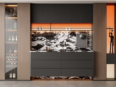 Modern Elegant Sideboard With Dark Gray Cabinets Black Marble Countertop And Orange Accent Lighting 3d model