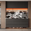 Modern Elegant Sideboard With Dark Gray Cabinets Black Marble Countertop And Orange Accent Lighting