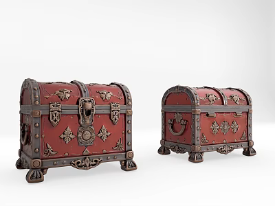 Pair of Red Vintage Chests with Ornate Metal Decorations Lock and Floral Patterns on Feet 3d model