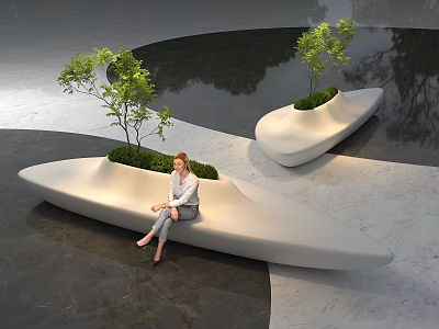 Streamlined White Public Chair With Green Trees In Modern Outdoor Open Space 3d model