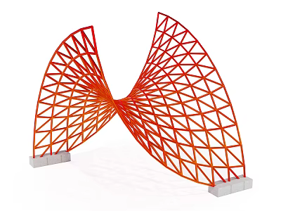 Modern Curved Grid Pergola Structure In Orange Red With White Base 3d model