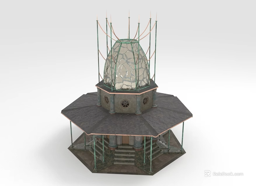 Futuristic Architecture Design Featuring Octagonal Structure Glass Dome Antennas Steps And Support Framework 3d model 