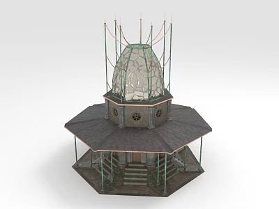 Futuristic Architecture Design Featuring Octagonal Structure Glass Dome Antennas Steps And Support Framework 3d model
