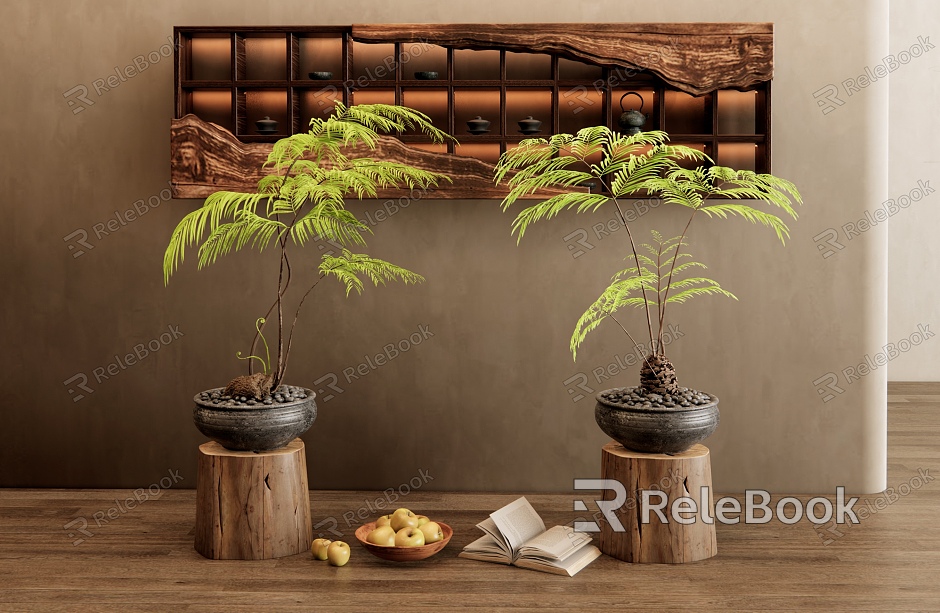 New Chinese Kidney Fern Potted Plant Bonsai Tea Cabinet Wall Cabinet Antique Frame Jewelry Ornaments Combination model