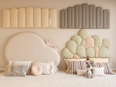 Cozy Bedroom With Cloud And Flower Shaped Upholstered Headboards In Beige Gray Pink 3d model