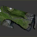 Garden Landscape Featuring Lush Green Grass Winding Stream Rocky Terrain and Small Structures