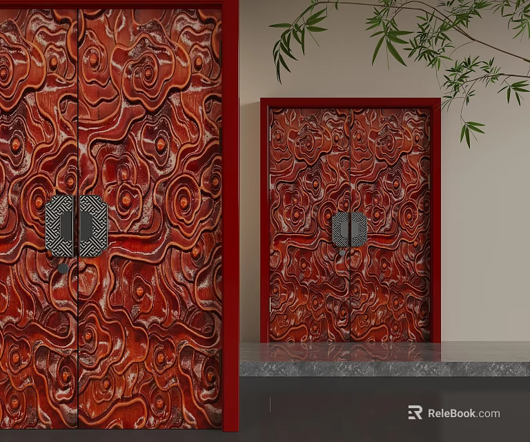 Chinese Style Red Swing Door With Carved Patterns And Metal Door Knockers 3d model 