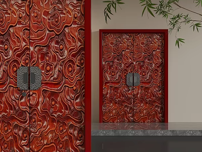 Chinese Style Red Swing Door With Carved Patterns And Metal Door Knockers 3d model
