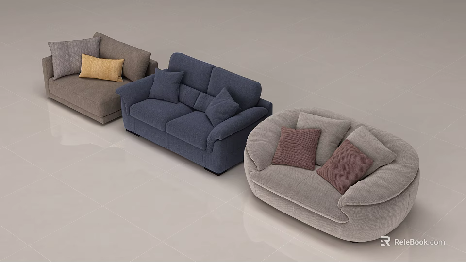 Light Gray Round Single Sofa With Comfortable Pillows On Light Colored Floor 3d model
