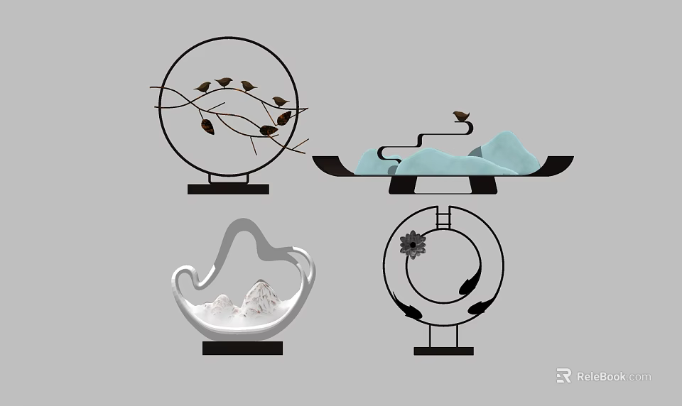 Modern Chinese Style Decorative Ornament Set With Circular Branches Mountain Cloud Designs 3d model 