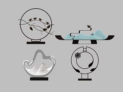 Modern Chinese Style Decorative Ornament Set With Circular Branches Mountain Cloud Designs 3d model