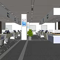 Modern Spacious Service Hall Interior With Service Counters Computers Screens And Green Plants 3d model