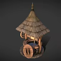 Traditional Wooden Well Garden Ornament with Conical Roof Stone Base and Wooden Wheel
