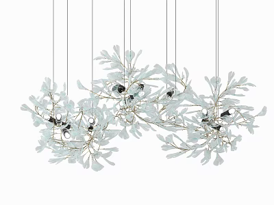 Delicate Branch Shaped Hanging Crystal Chandelier with Light Blue Leaves and Black Accents 3d model