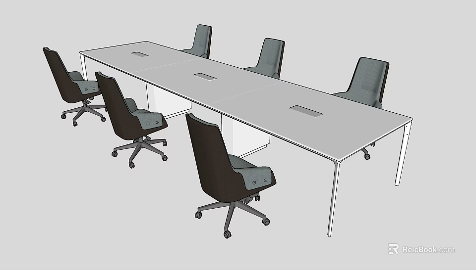 Modern Rectangular Office Desk With Multiple Wheeled Office Chairs 3d model